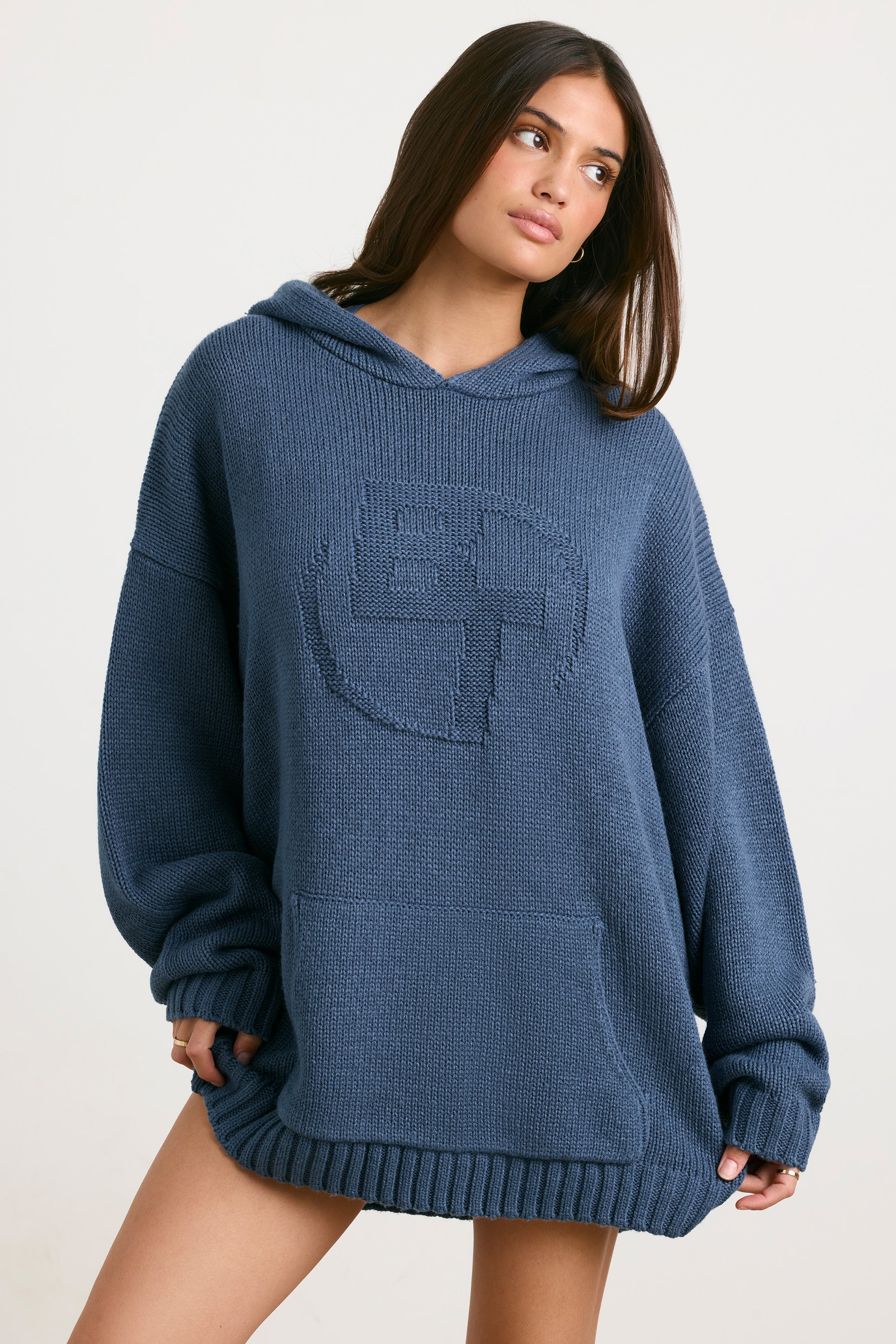 Oversized Chunky Knit Hoodie in Washed Navy、mySite、solidvoid