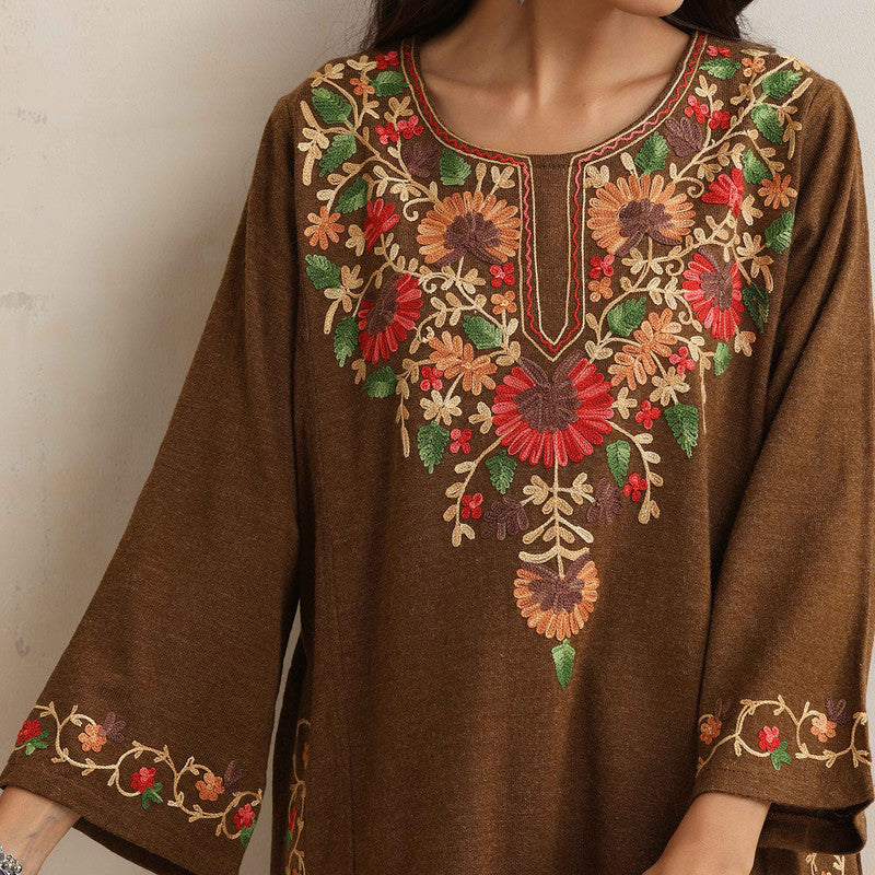 Woolen Kurta For Women | Floral Embroidered | Brown、mySite、camillekostekn
