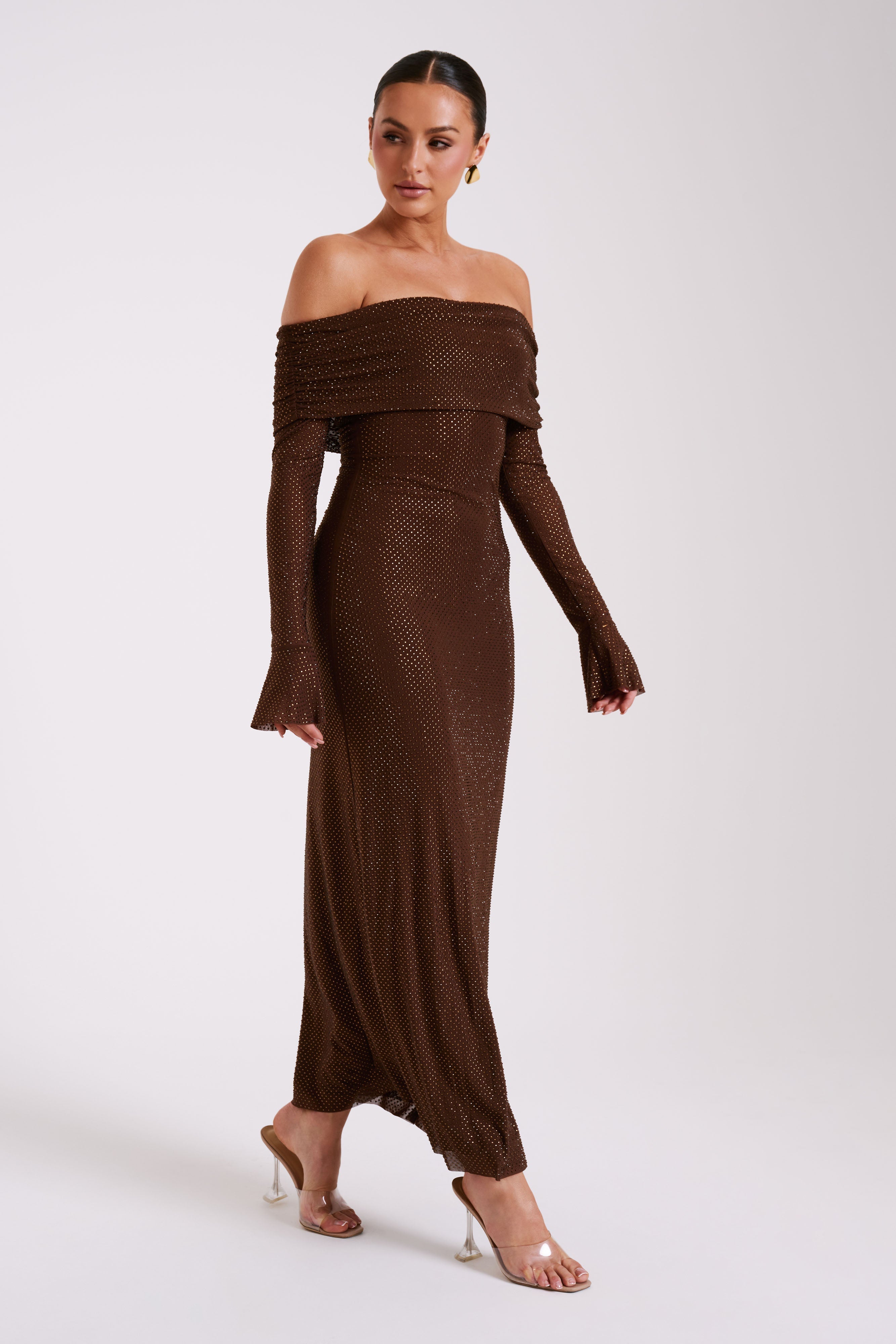 Marcel Off Shoulder Diamante Maxi Dress - Chocolate、mySite、solidvoid