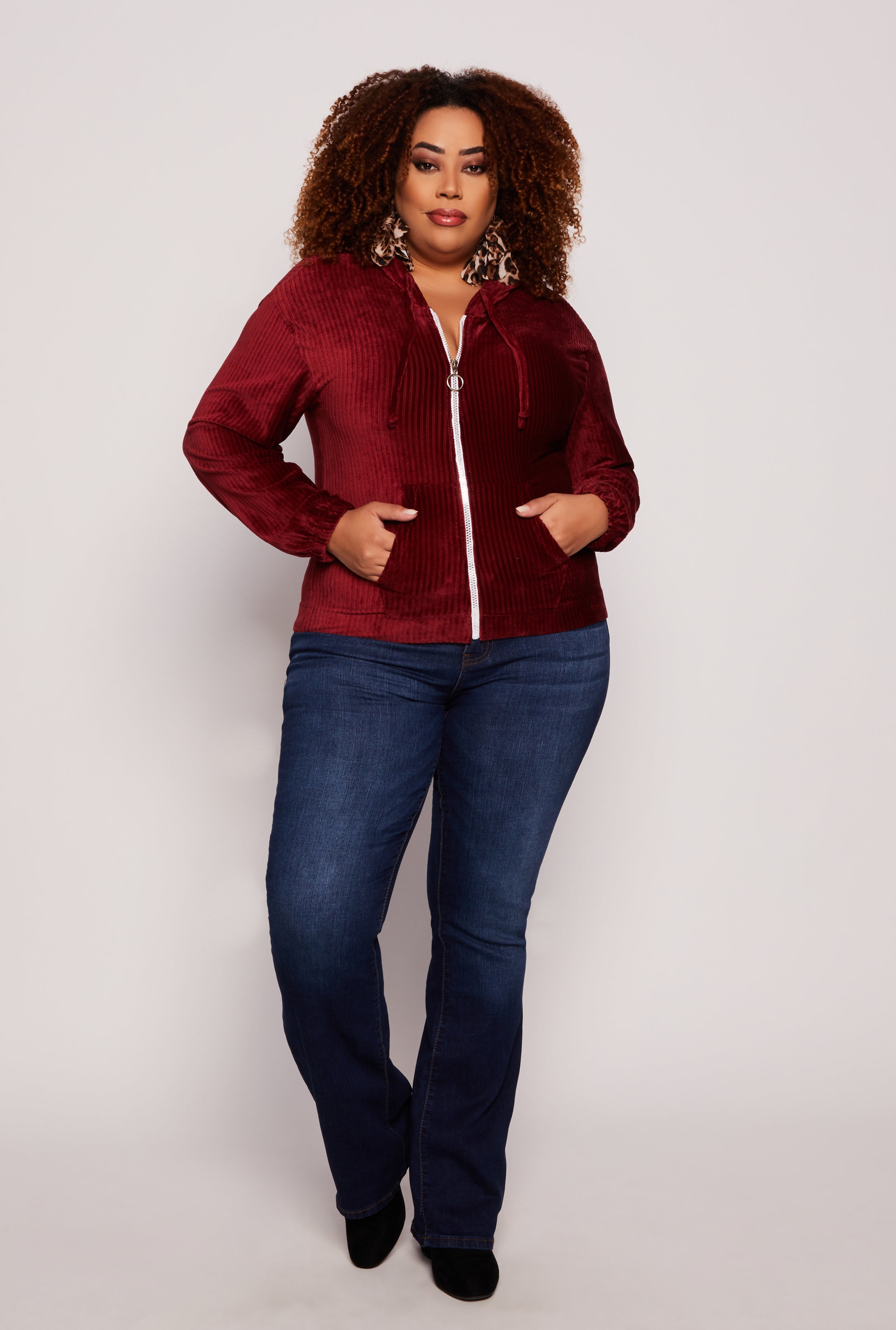 Plus Size Velour Zip Front Hoodie、mySite、camillekostekn