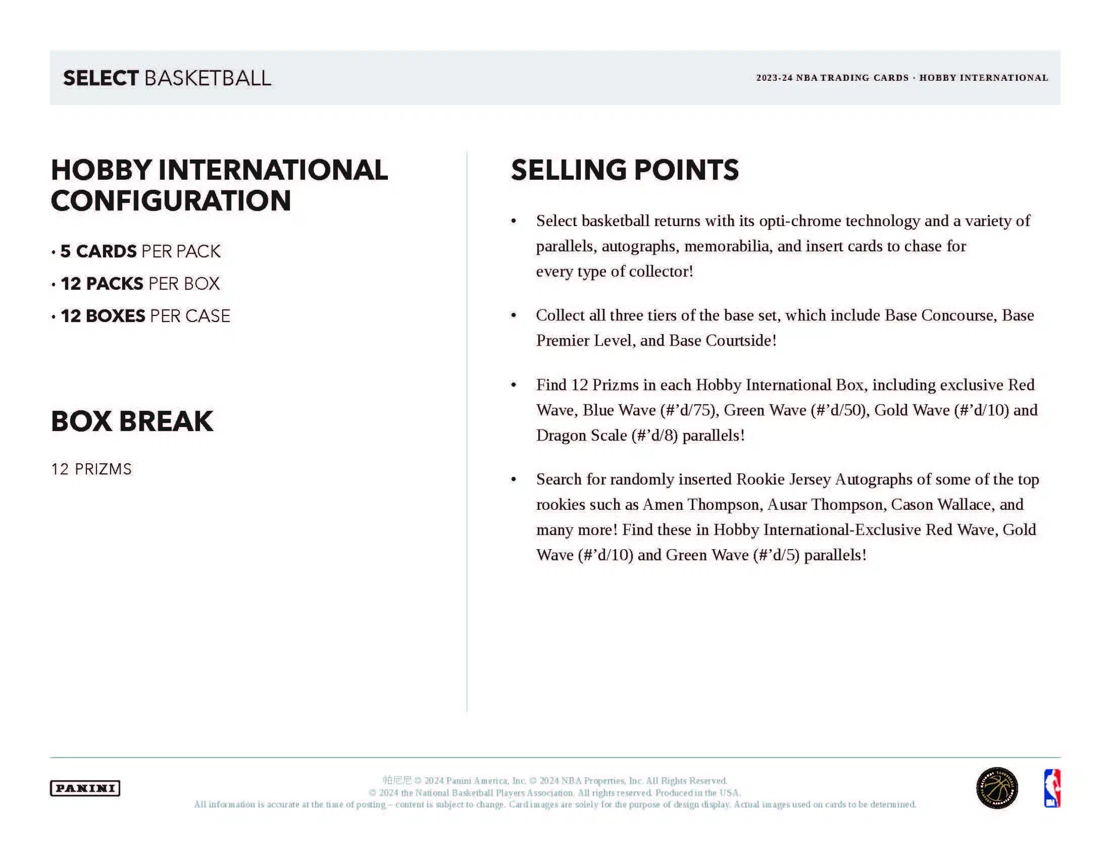 Panini Select NBA Basketball 2023/24 - International Hobby Box、mySite、waistdrama