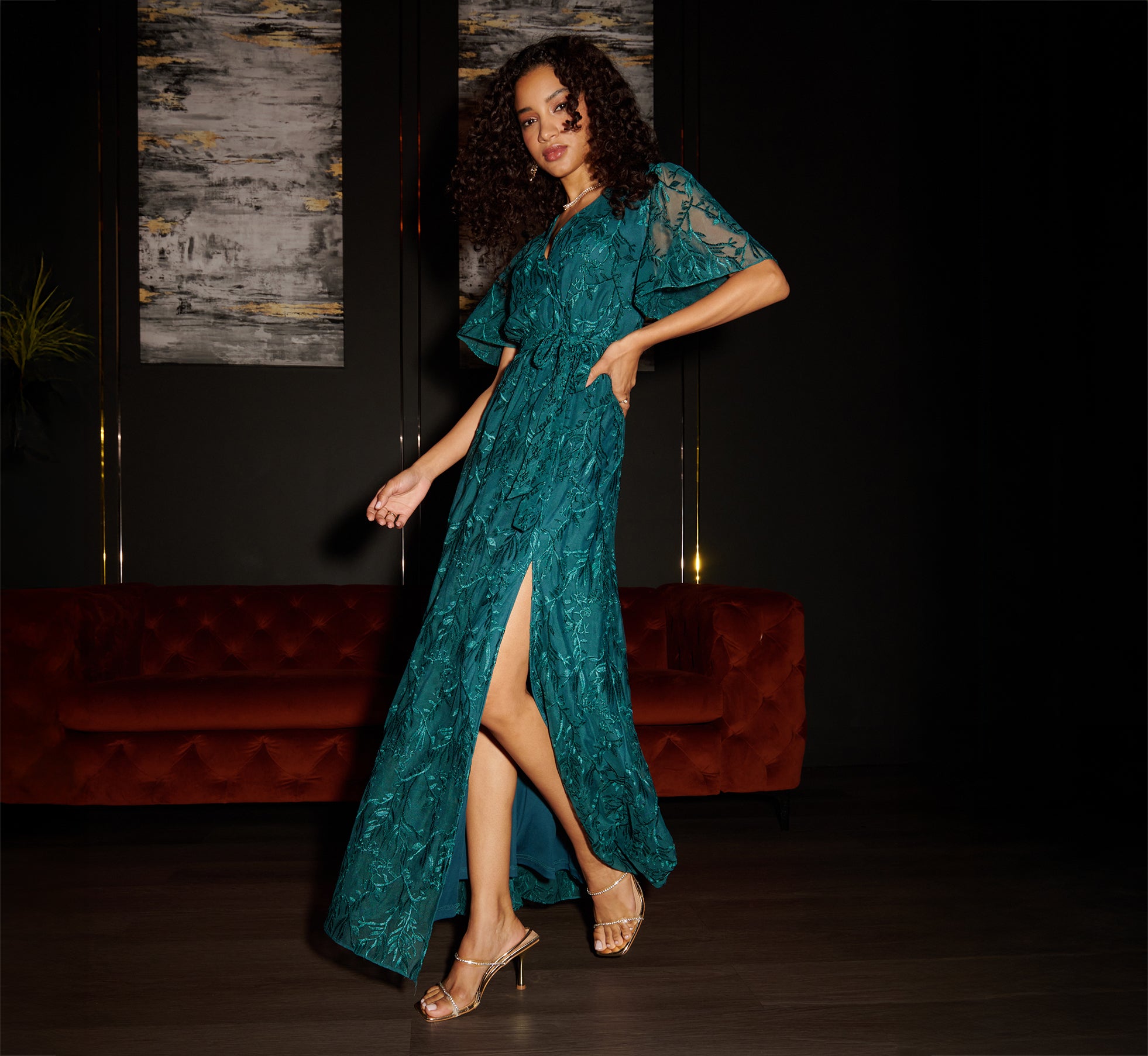 Embroidered Lace Maxi Dress In Hunter、mySite、solidvoid