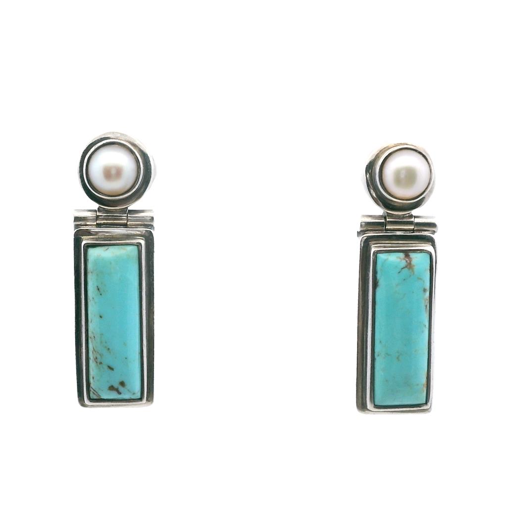  Estate Sterling Silver Treated Turquoise & Cultured Pearl Drop Earrings