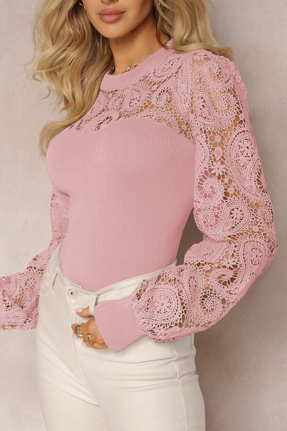  Lace Patchwork Round Neck Long Sleeve Blouse、mySite、justintrudeaud
