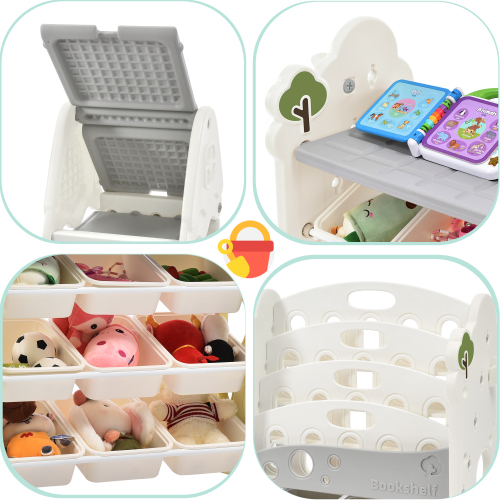 Kids Toy Storage Organizer with 14 Bins, Multi-functional Nursery Organizer Kids Furniture Set Toy Storage Cabinet Unit with HDPE Shelf and Bins for Playroom, Bedroom, Living Room、、casual