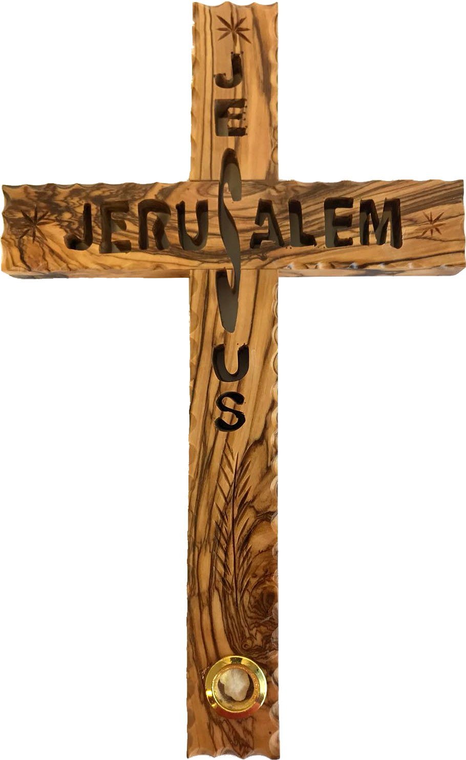 Holy Land Market Olive wood Cross made with Cut or See Through design - Great details and carvings on front - 25cm - 10 inches with Olive wood Tree Leaves and Certificate and Lord's prayer card、mySite、topwebapps