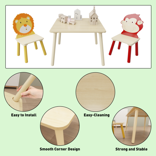 Kids Table and 2 Chairs Set, 3 Pieces Toddler Table and Chair Set, Wooden Activity Play Table Set (Lion&Monkey)、、casual