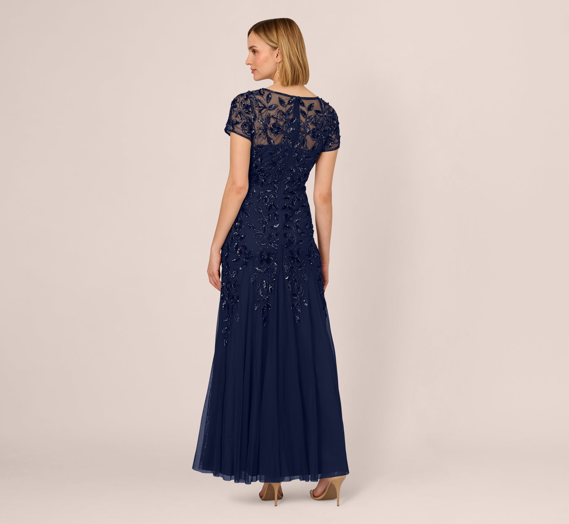 Hand Beaded Short Sleeve Floral Godet Gown In Light Navy、mySite、solidvoid