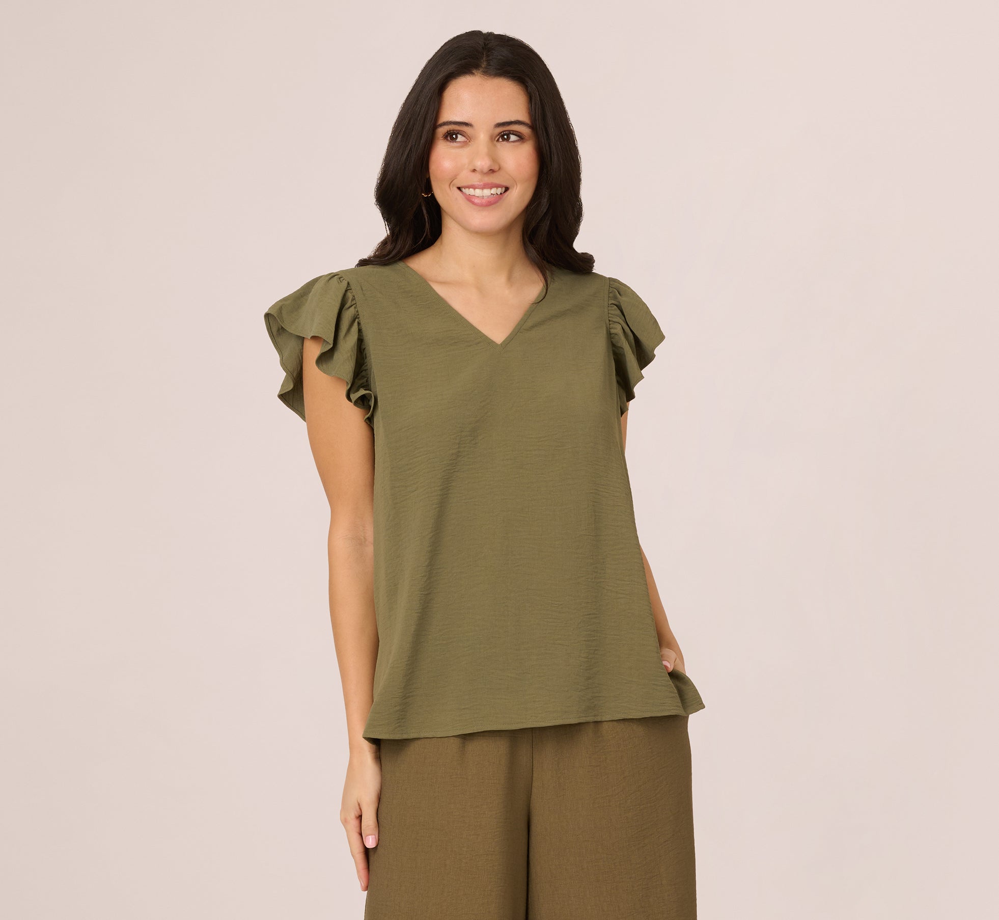 Ruffle Sleeve V Neck Satin Top In Olivine、mySite、solidvoid