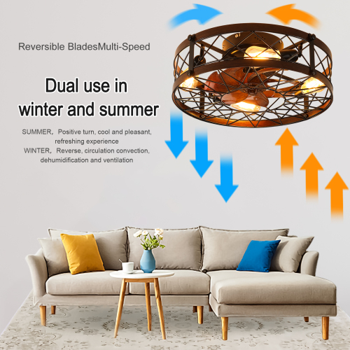 Caged Ceiling Fans with Lights Black, 20 inch Flush Mount Ceiling Fan Light, Farmhouse Small Ceiling Fan with Light Fixture, Reversible Fan for Bedroom (Including E26 bulbs)、、eastwooduniform