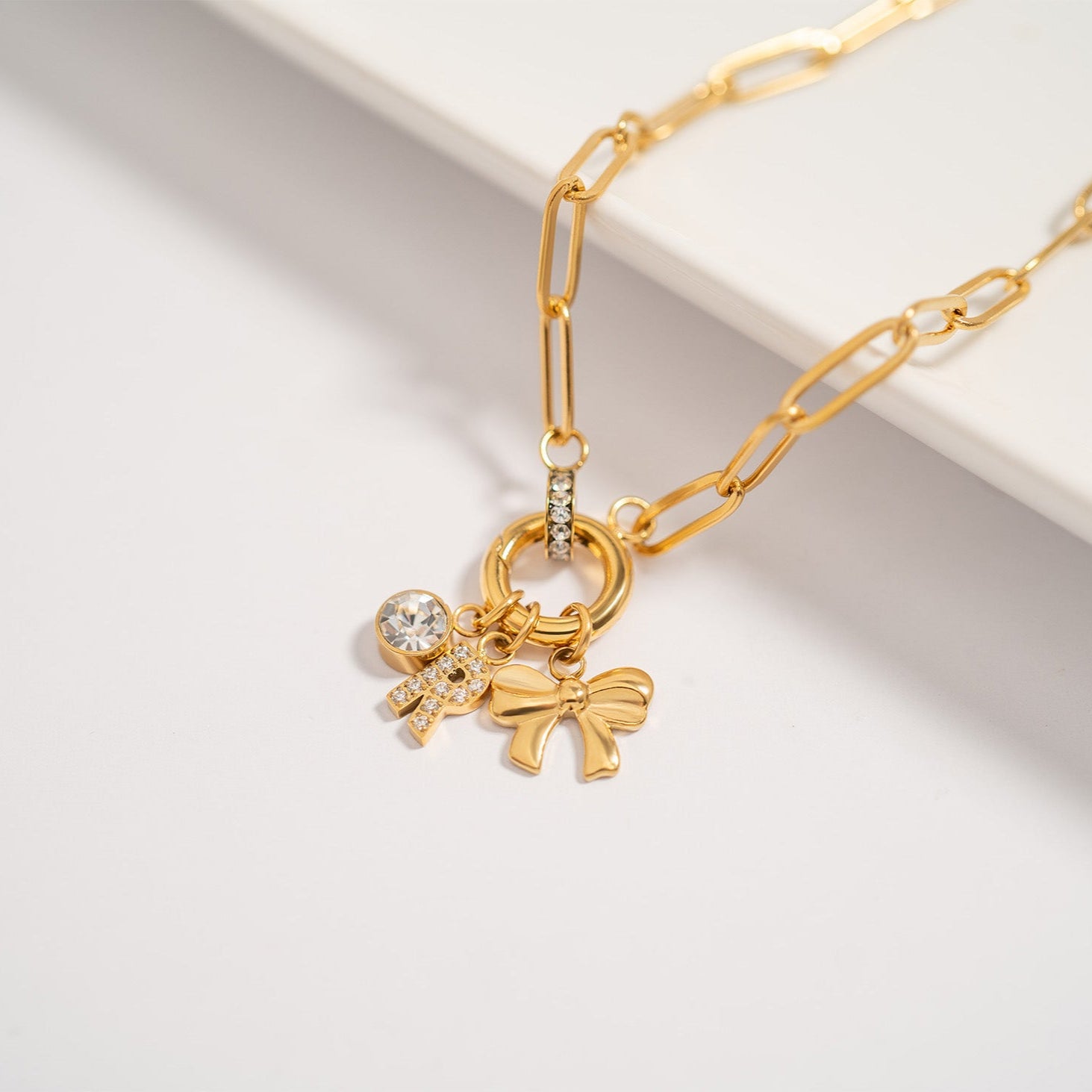 18K Gold PVD Paperclip CZ Carabiner Charm Holder Necklace / CHN0077、mySite、dreamappss