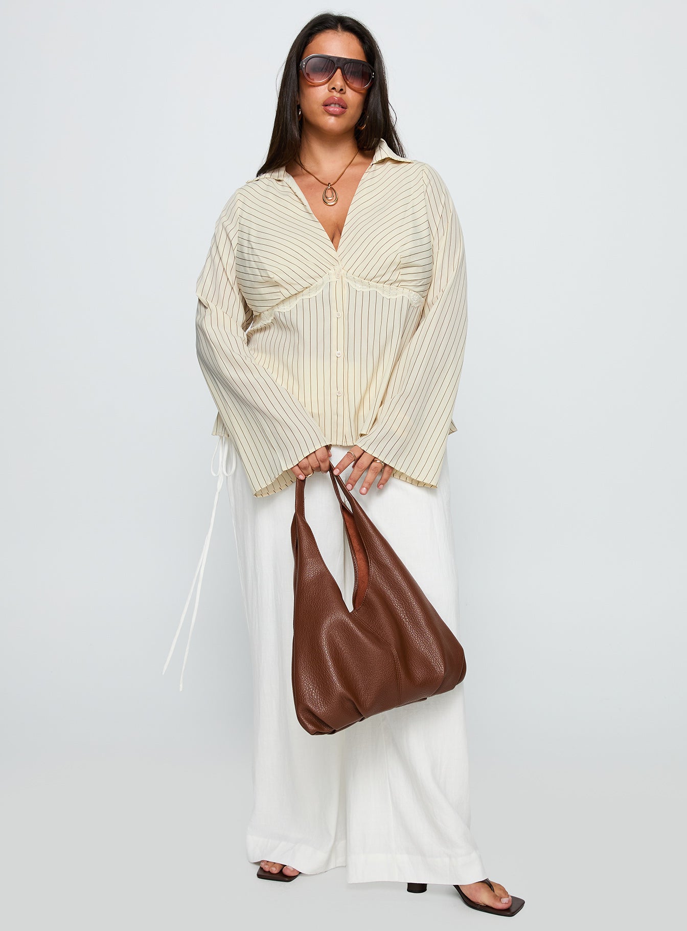 Life Begins Long Sleeve Lace Trim Top Cream Stripe Curve、mySite、solidvoid