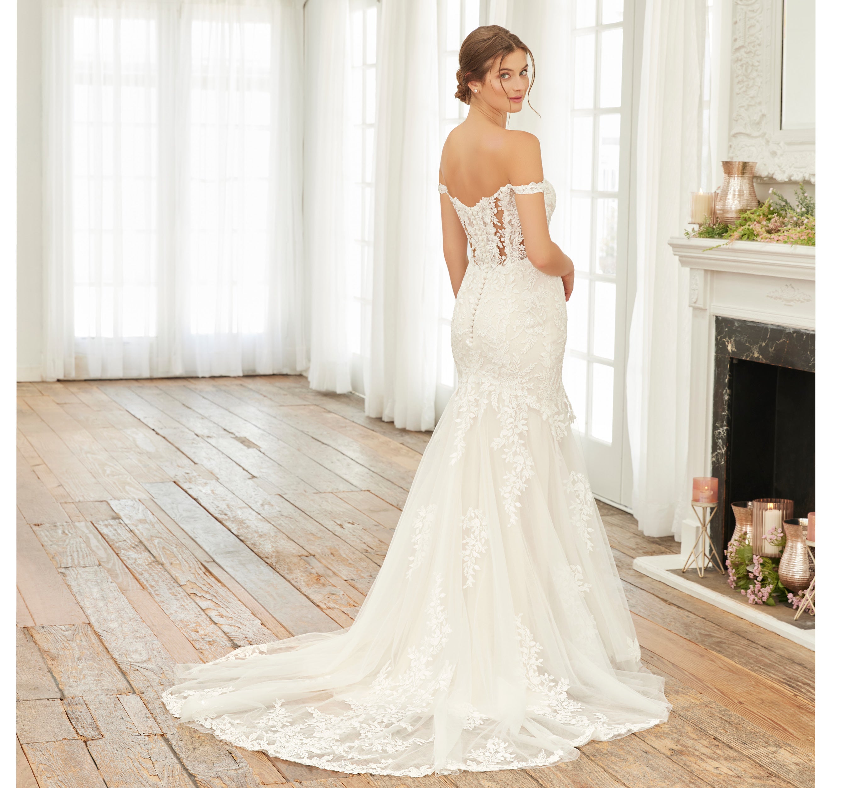 Lace And Tulle Off-The-Shoulder Cutout Gown With Detachable Straps In Ivory Almond Nude、mySite、solidvoid