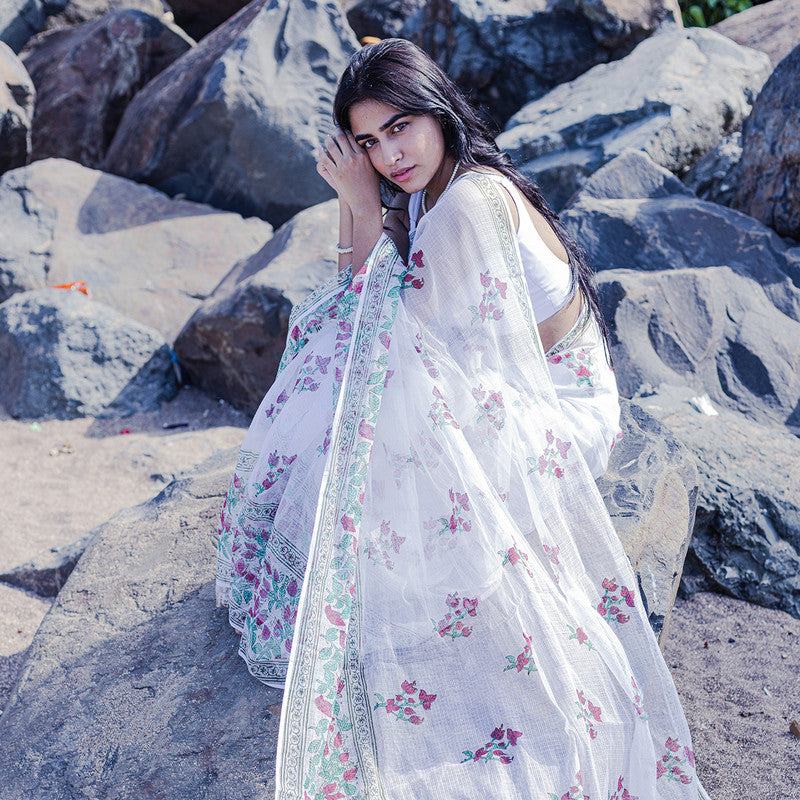 Kota Handblock Printed Saree | Bougainvillea | White & Red、mySite、camillekostekn