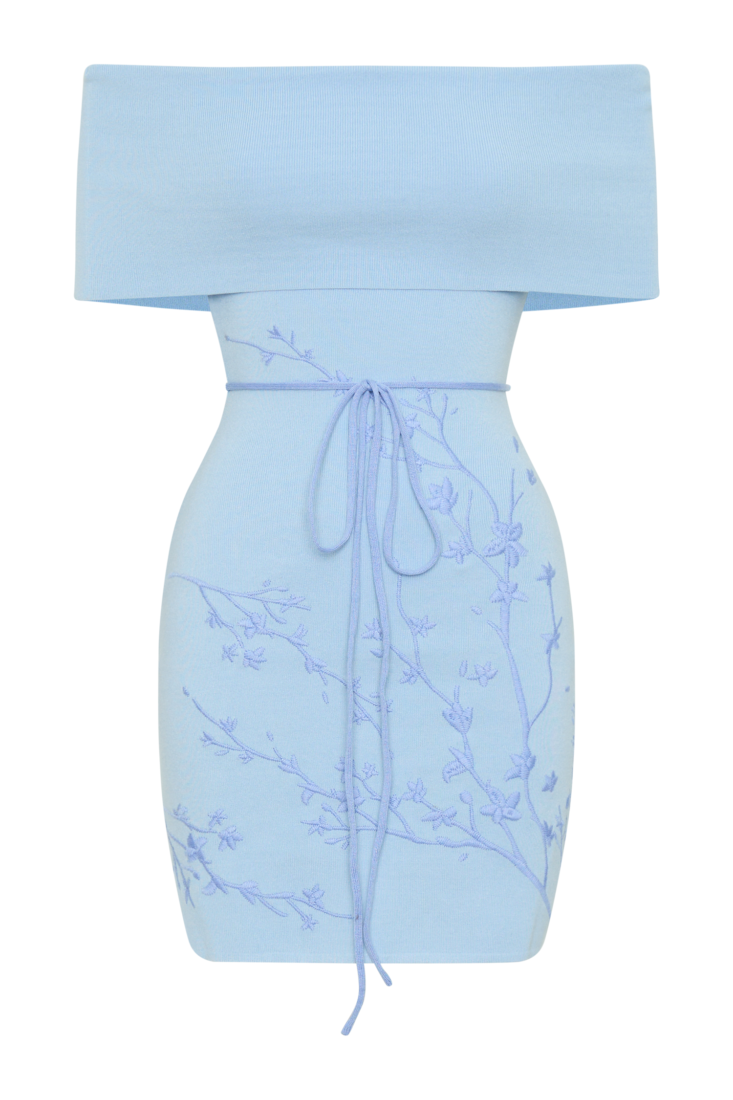Mallory Off Shoulder Embroidered Knit Mini Dress - Ice Blue、mySite、solidvoid