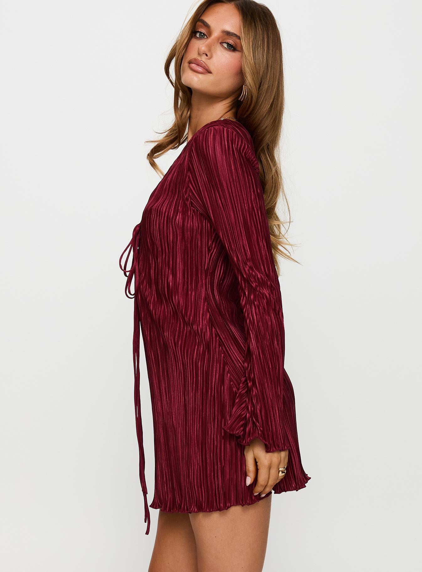 Malop Long Sleeve Mini Dress Burgundy、mySite、solidvoid