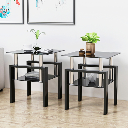 Set of 2, Modern Tempered Glass Tea Table Coffee Table End Table, Square Table for Living Room, Black、、casual