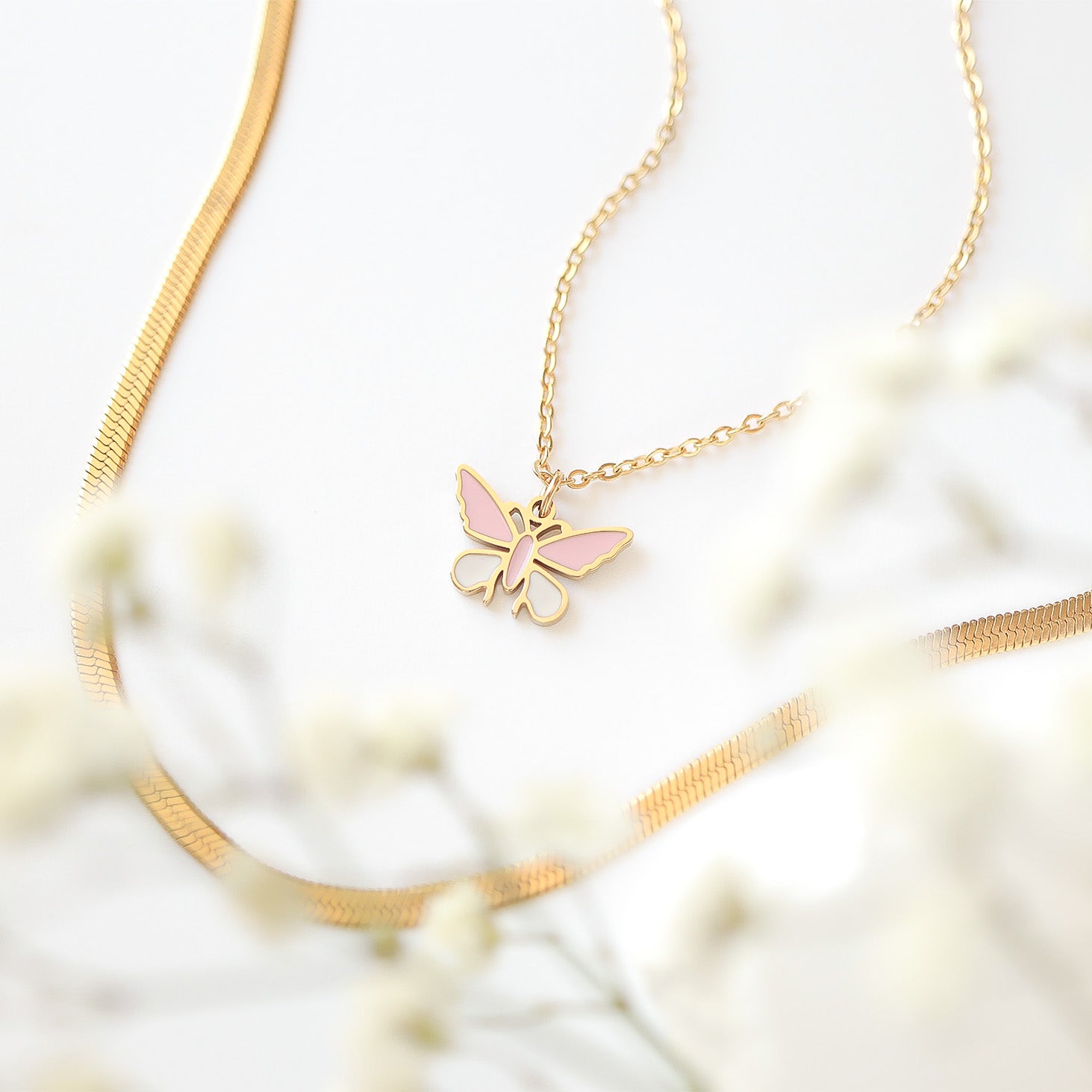 18K Gold PVD Stainless Steel Epoxy Pink and White Butterfly Charm / PDL0030、mySite、dreamappss