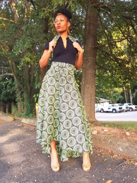 Green African Print High Low Skirt-DP3773HL、mySite、solidvoid