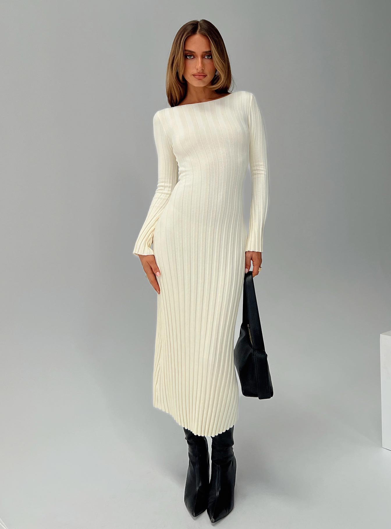 Ryo Long Sleeve Rib Maxi Dress Cream、mySite、solidvoid