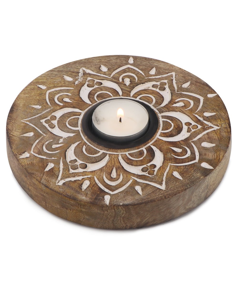 Fairtrade Hand Carved Wood Mandala Design Tea Light Holder、mySite、topwebapps