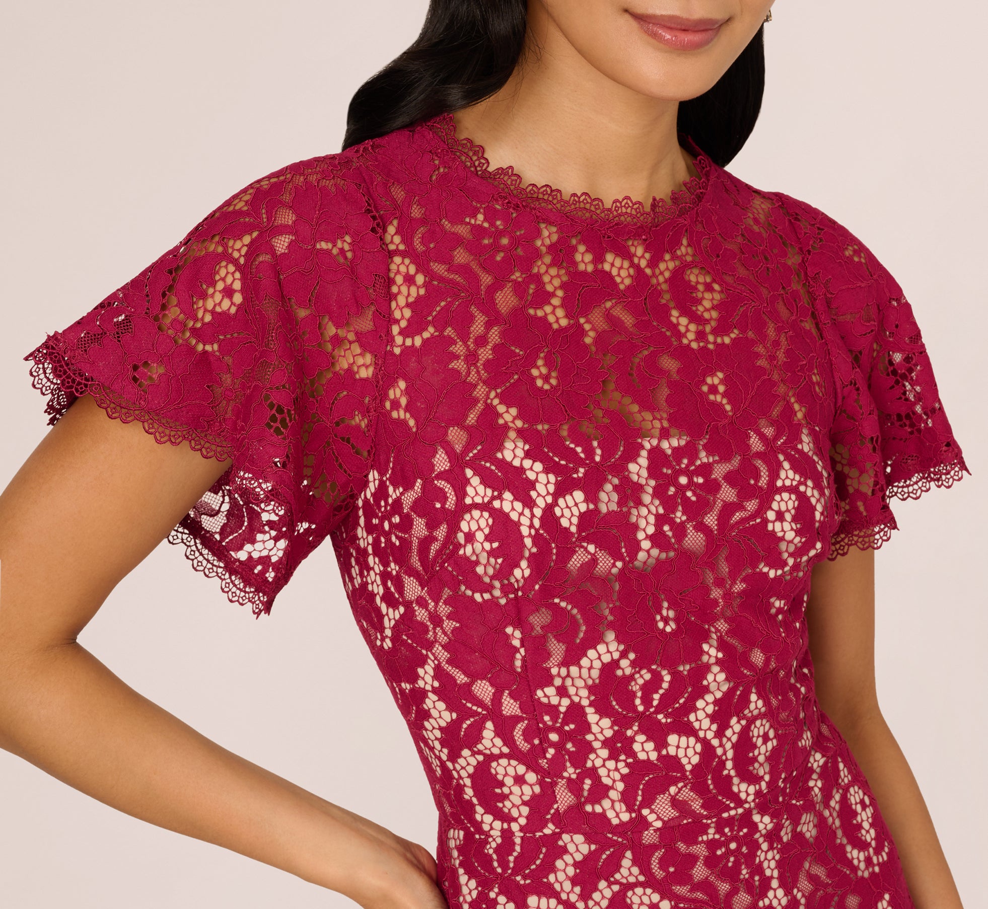 Short Sleeve Lace Illusion Short Dress In Light Wine、mySite、solidvoid