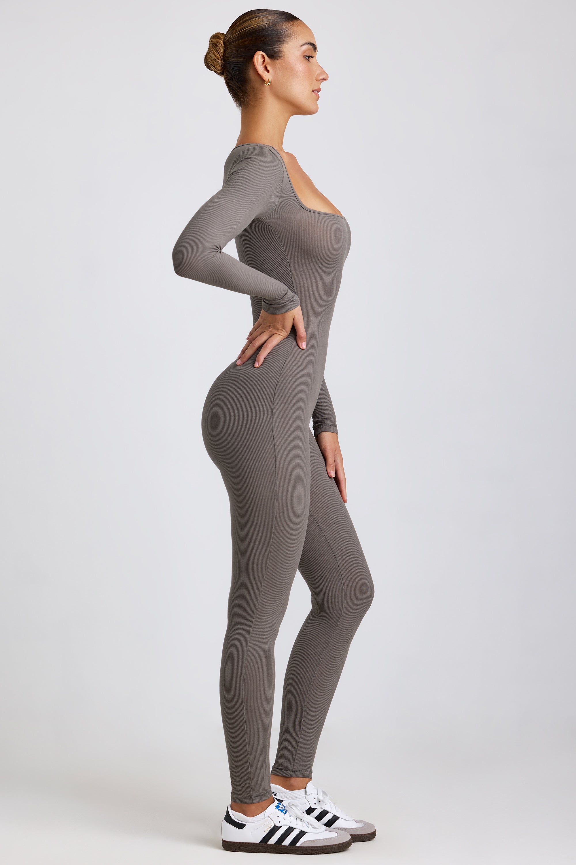 Ribbed Modal Long Sleeve Jumpsuit in Grey、mySite、solidvoid