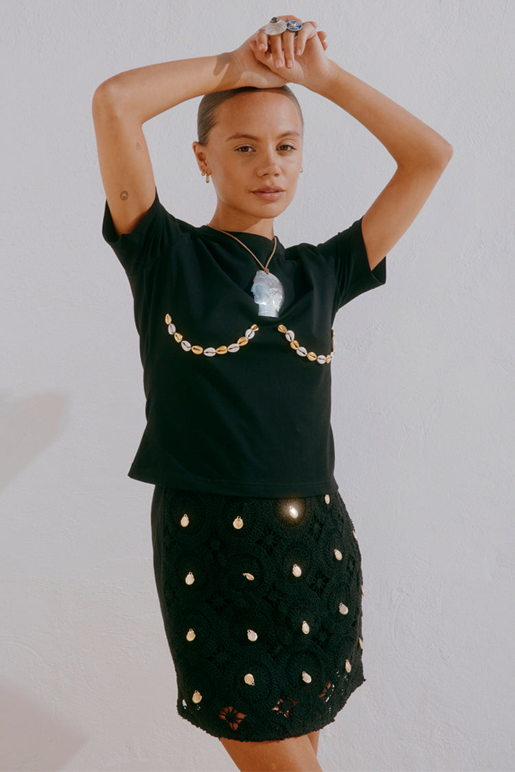 Black Crochet Shell Wrap Skirt、mySite、solidvoid