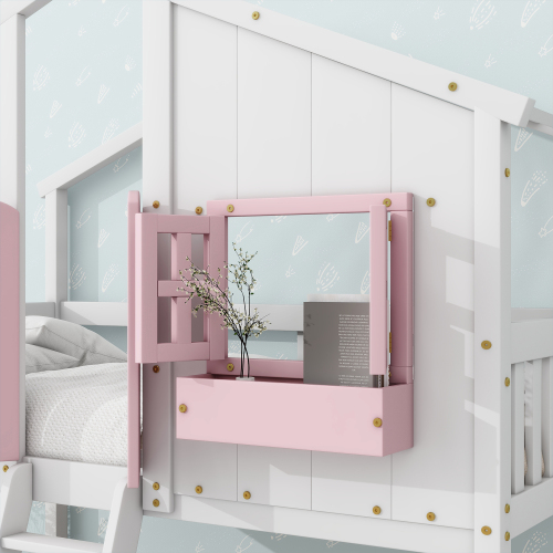 Twin over Twin House Bunk Bed with Roof , Window, Window Box, Door , with Safety Guardrails and Ladder,White、、casual