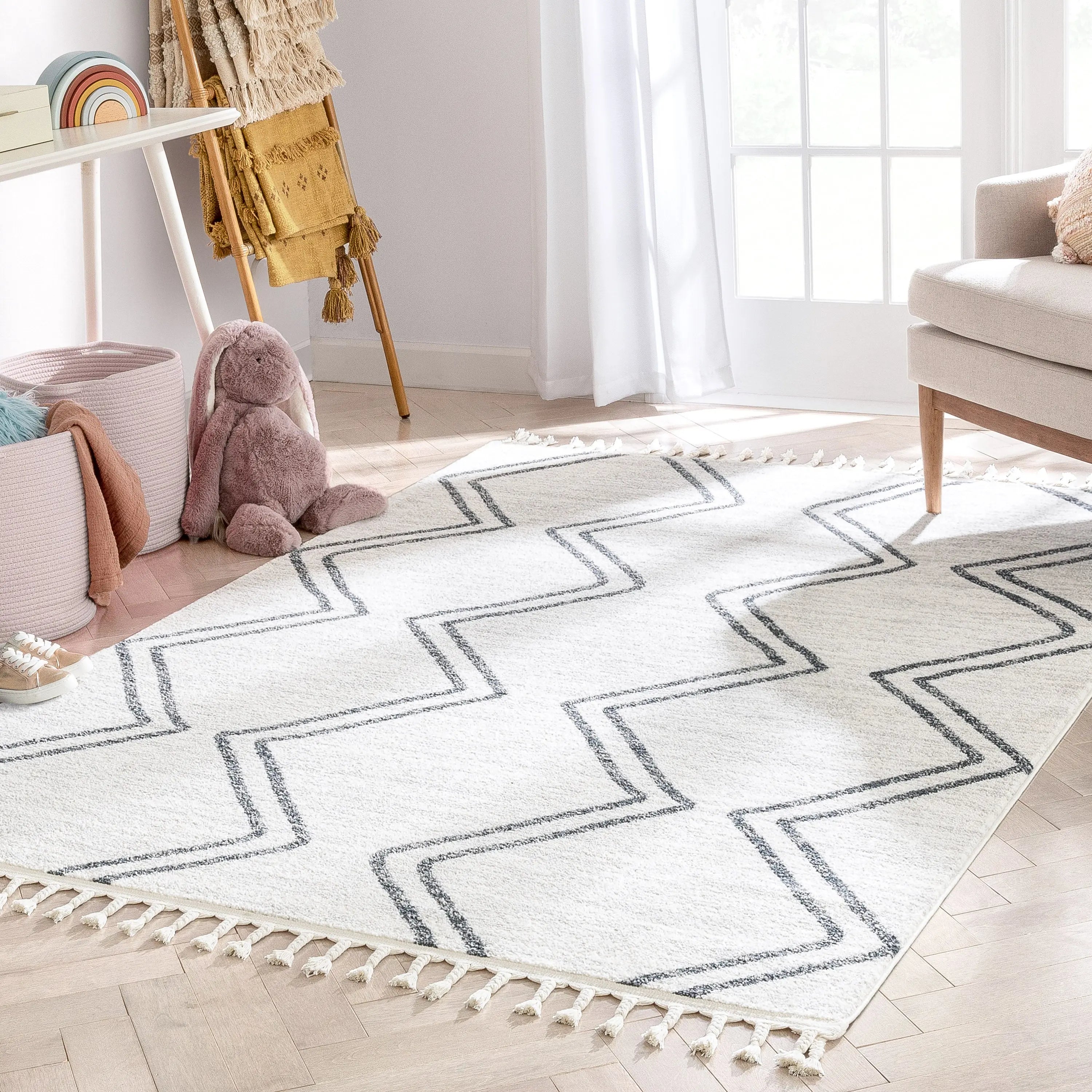 Reeve Modern Chevron Zig-Zag Grey Ivory Kids Rug、mySite、gigharbornorthrealestate