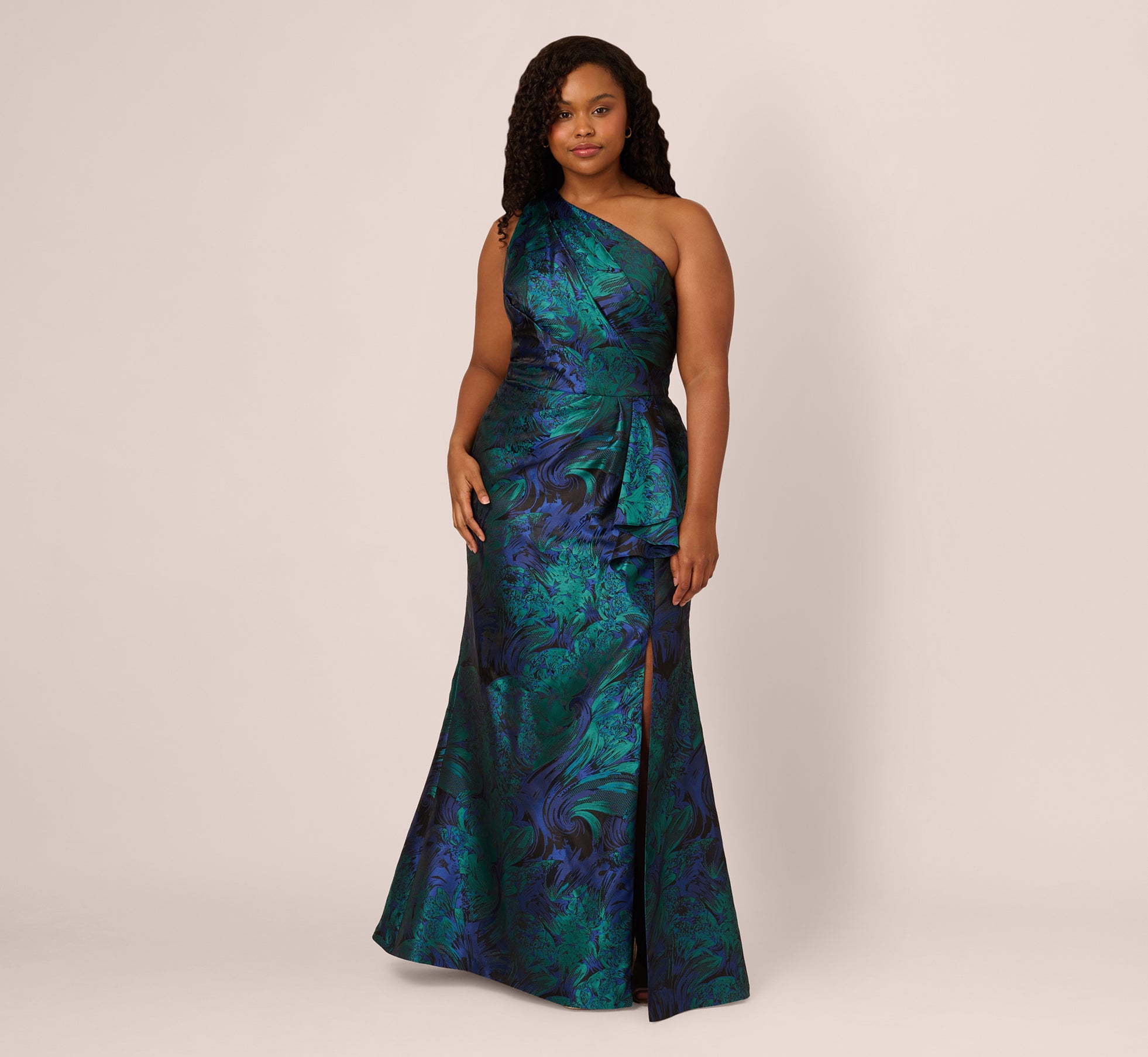 Plus Size One Shoulder Jacquard Mermaid Gown With Drape Detail In Cobalt Teal、mySite、solidvoid