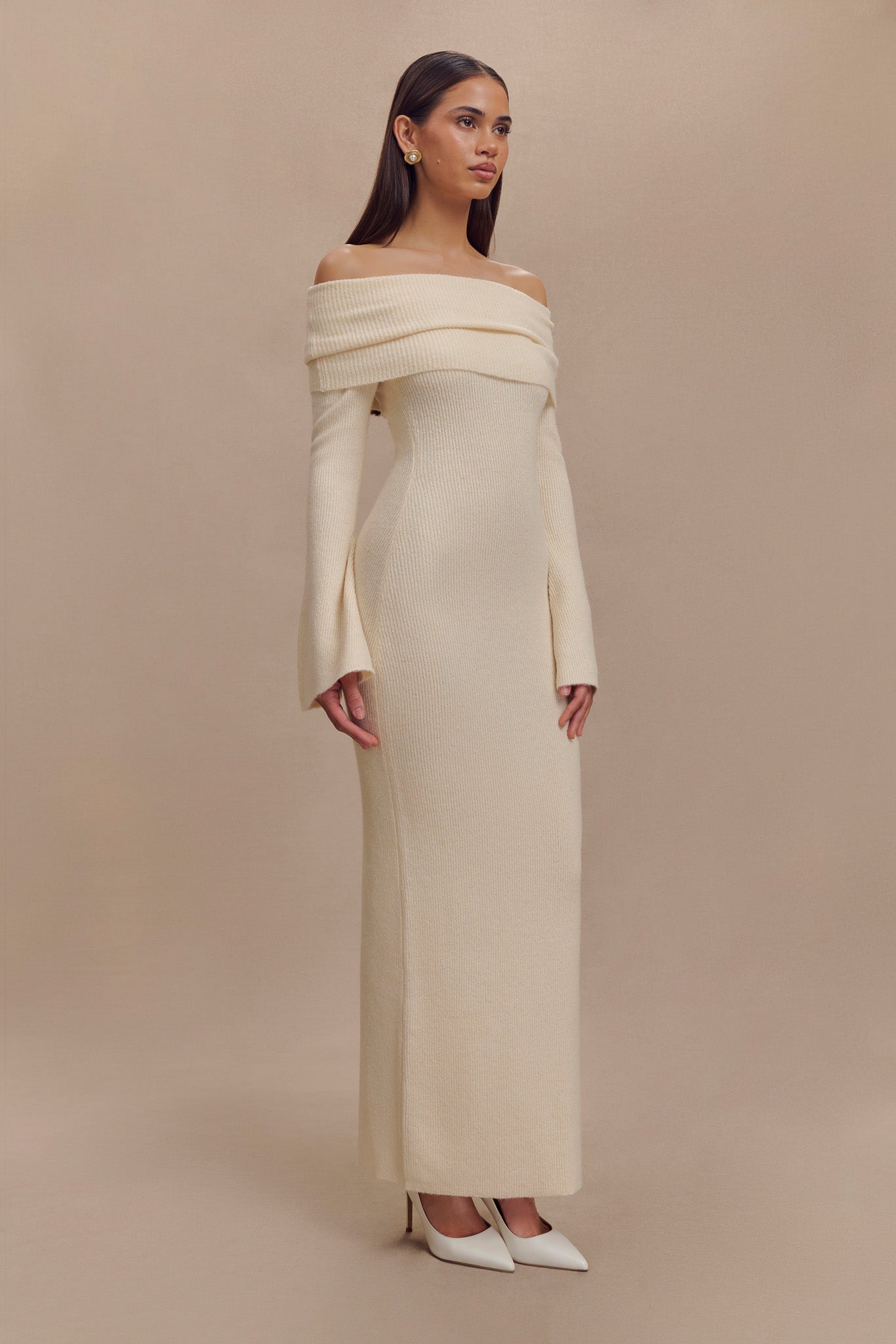Katherine Off Shoulder Knit Maxi Dress - Ivory、mySite、solidvoid