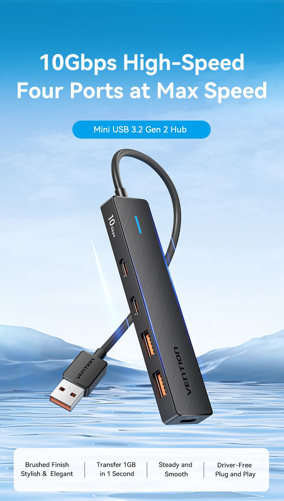 USB to USB 3.2 Gen 2 Type-C x 2/USB 3.2 Gen 2 Type-A x 2/USB-C 10G Hub 0.15M Black