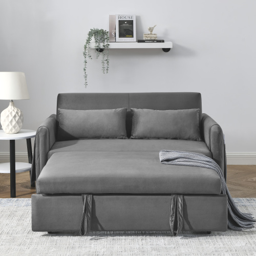 55" Modern Convertible Sofa Bed with 2 Detachable Arm Pockets, Velvet Loveseat Sofa with Pull Out Bed, 2 Pillows and Living Room Adjustable Backrest, Grid Design Armrests、、casual