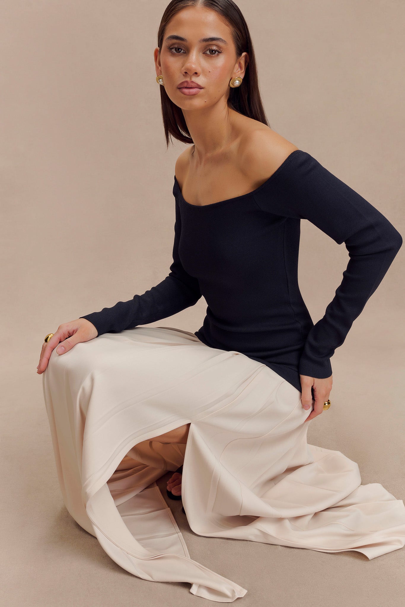 Presley Contrast Knit Off Shoulder Maxi Dress - Navy And Cream、mySite、solidvoid