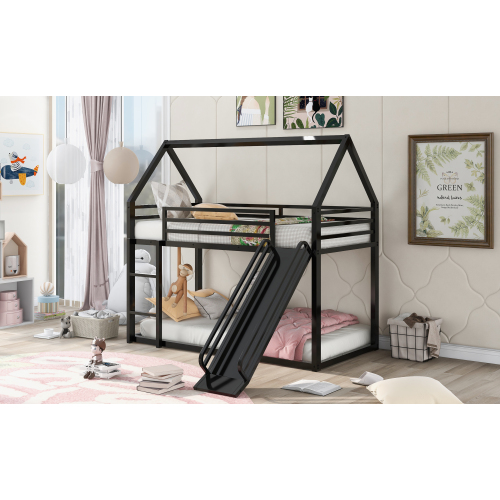 Twin over Twin House Bunk Bed with Built-in Ladder,White、、casual