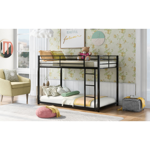 Full over Full Metal Bunk Bed, Low Bunk Bed with Ladder, Black(Old SKU:MF197034AAB)、、casual