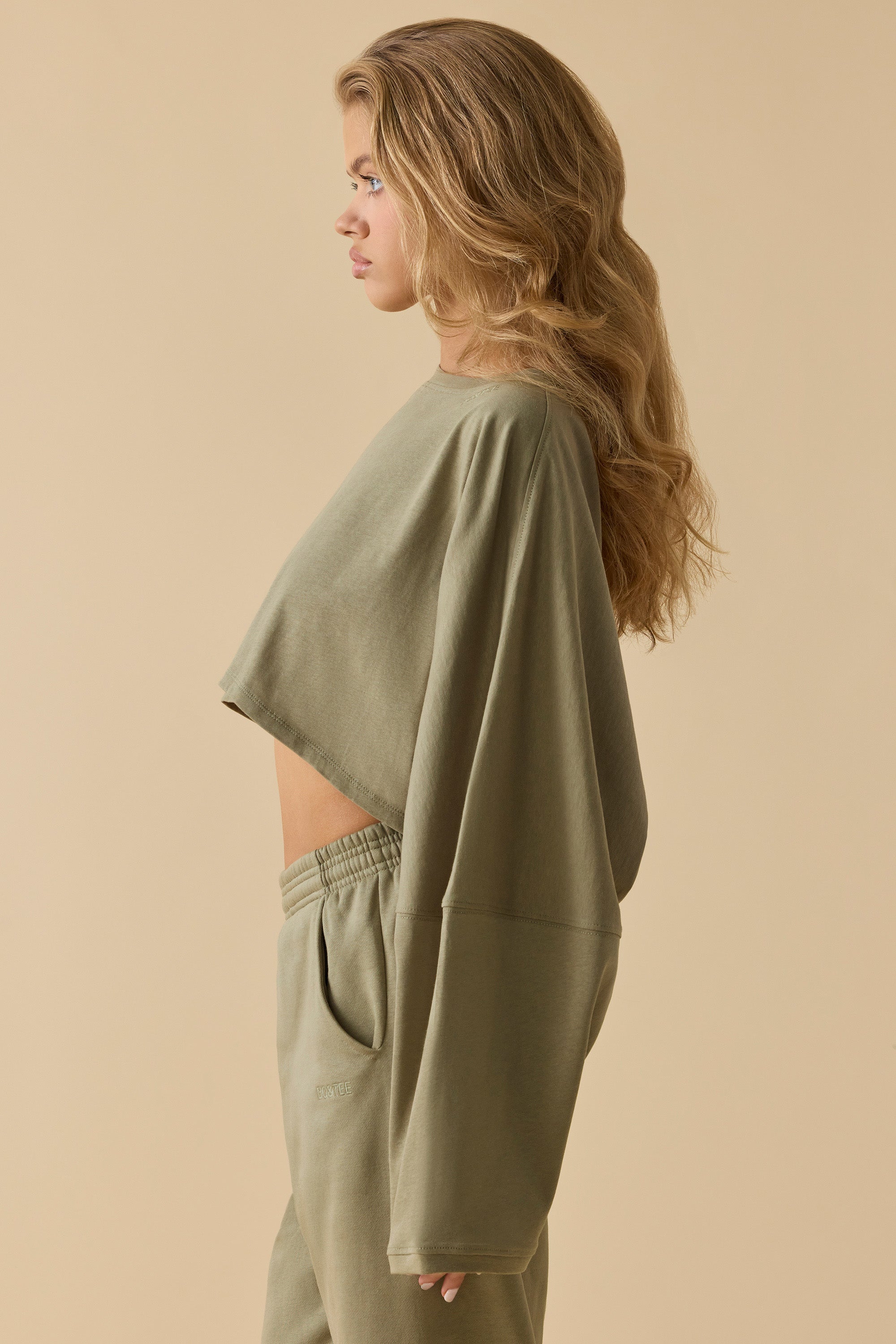 Oversized Long Sleeve Crop Top in Soft Olive、mySite、solidvoid