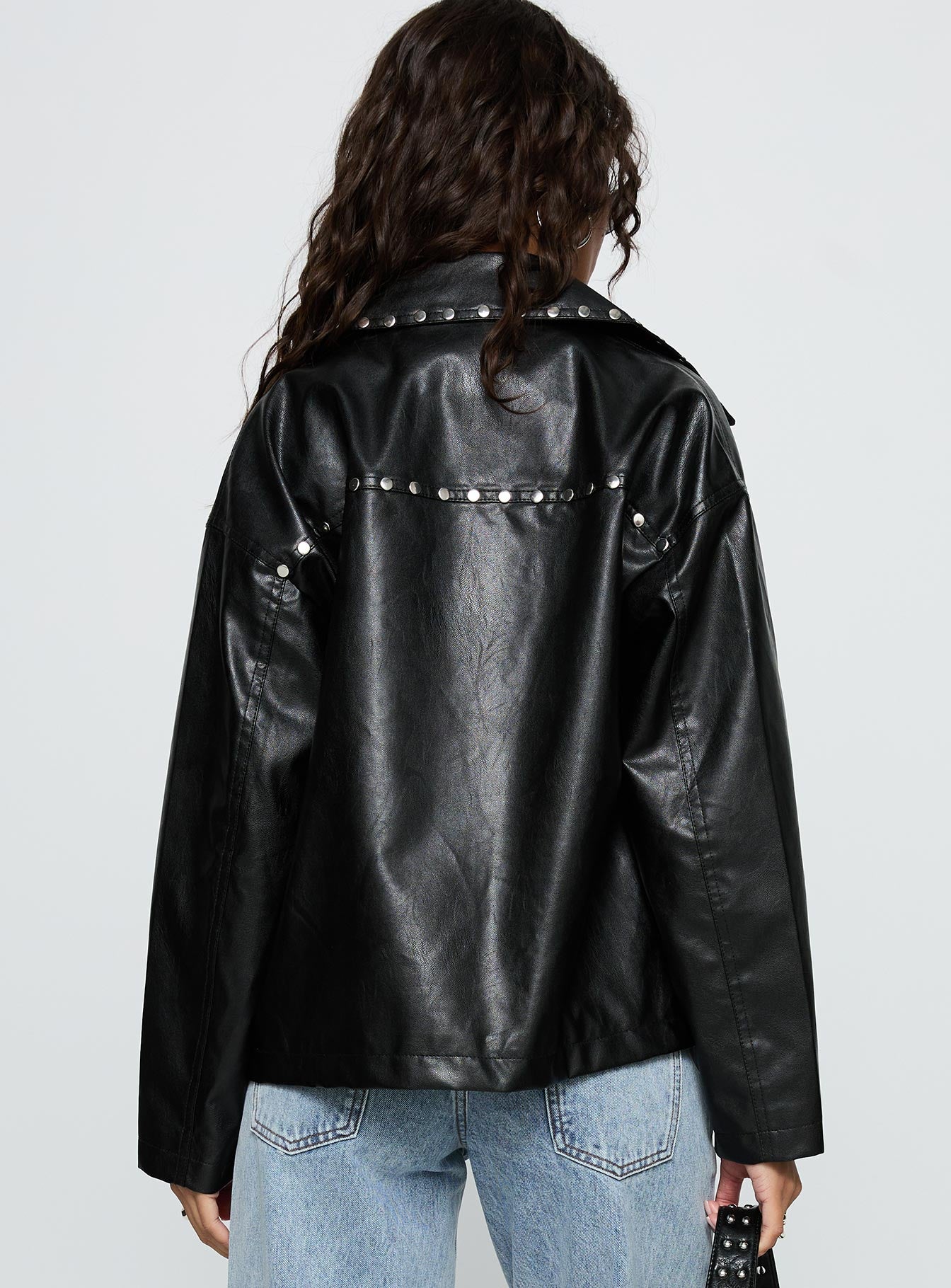 Kaeden Faux Leather Stud Detail Biker Jacket Black、mySite、solidvoid