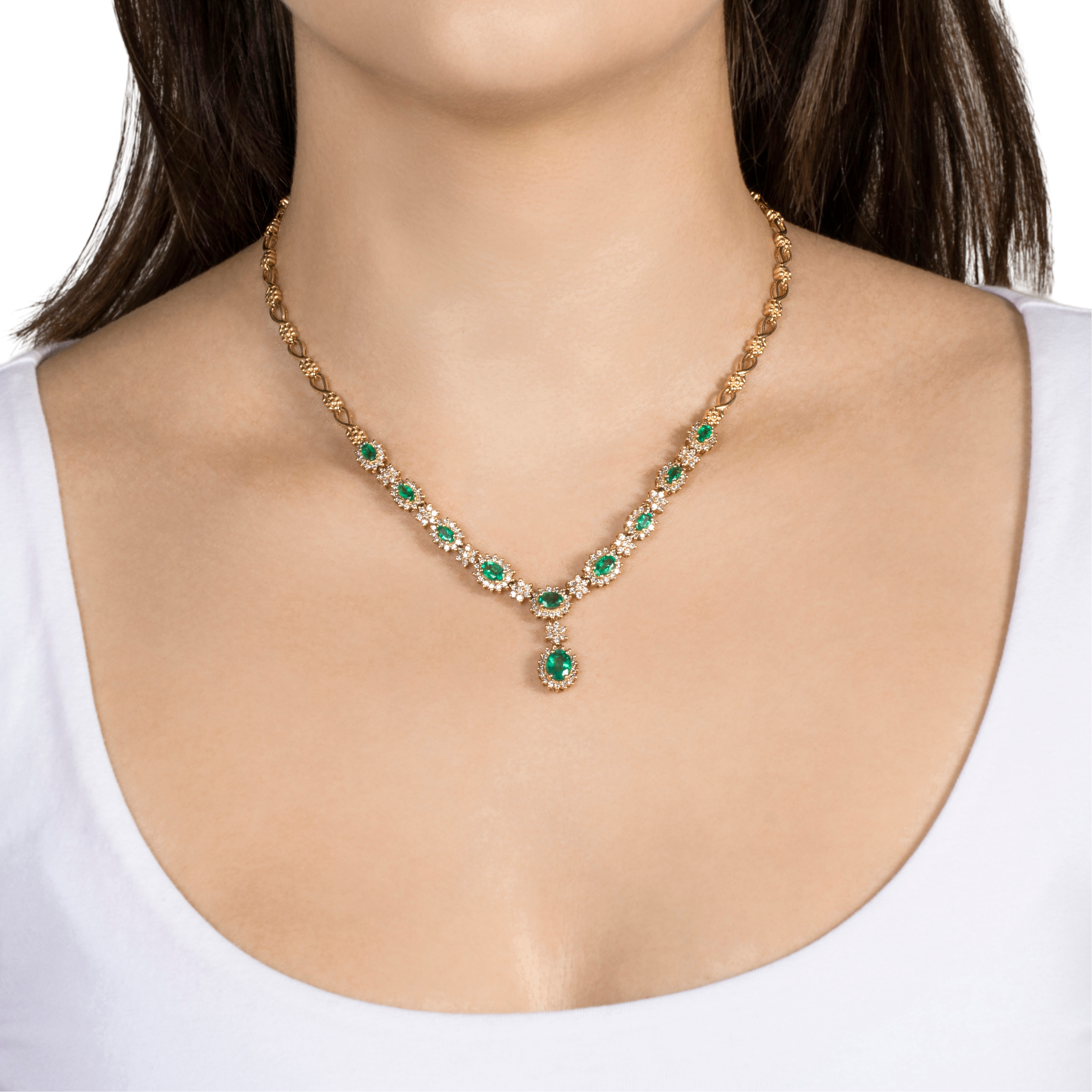 Vintage 14k Yellow Gold 3.07cttw Emerald 2cttw Diamond Statement Necklace 16.5、mySite、hinf8tx79