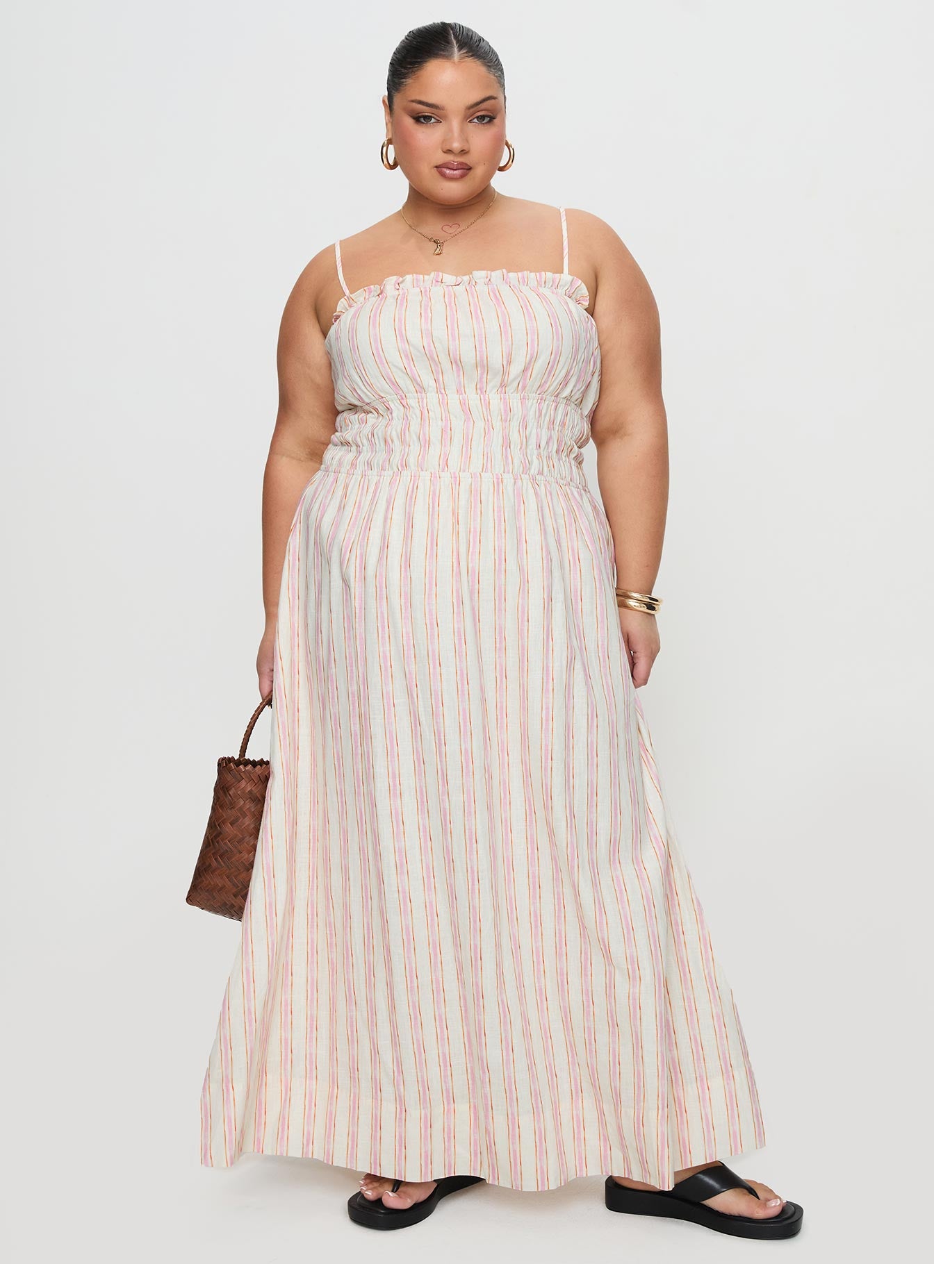Persephone Shirring Linen Maxi Dress Pink Stripe Curve、mySite、solidvoid