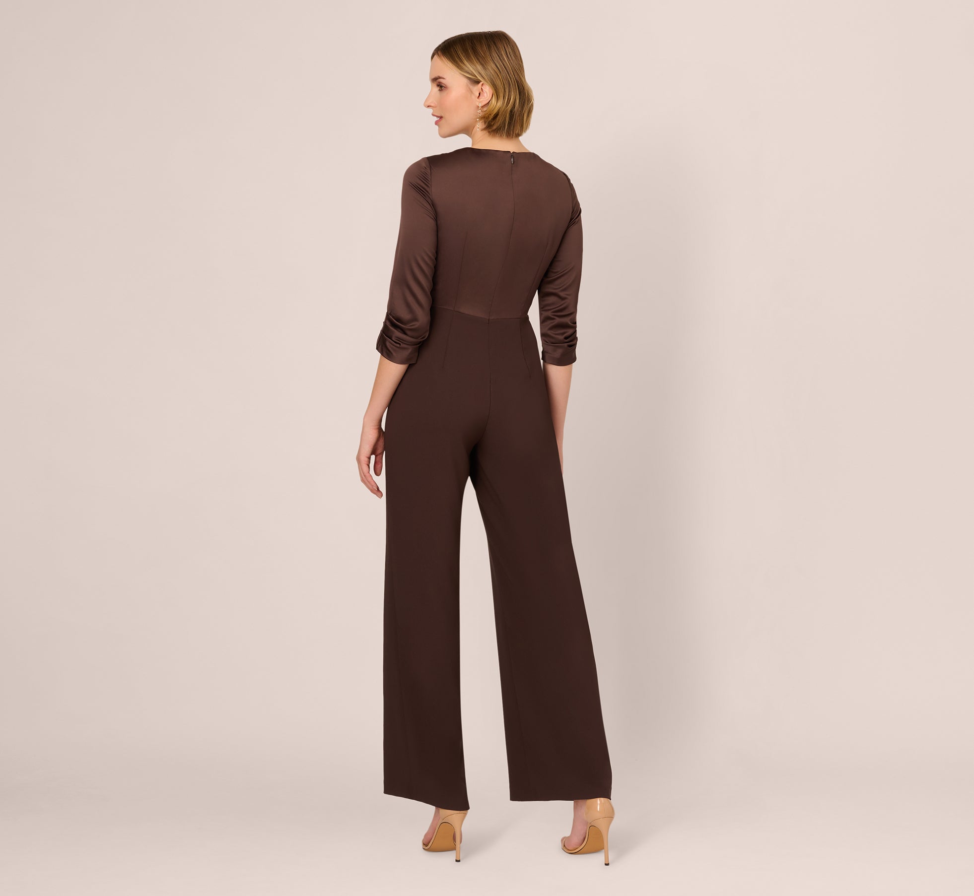 Satin Crepe Three Quarter Sleeve Jumpsuit With Buckle Waist In Dark Brown、mySite、solidvoid