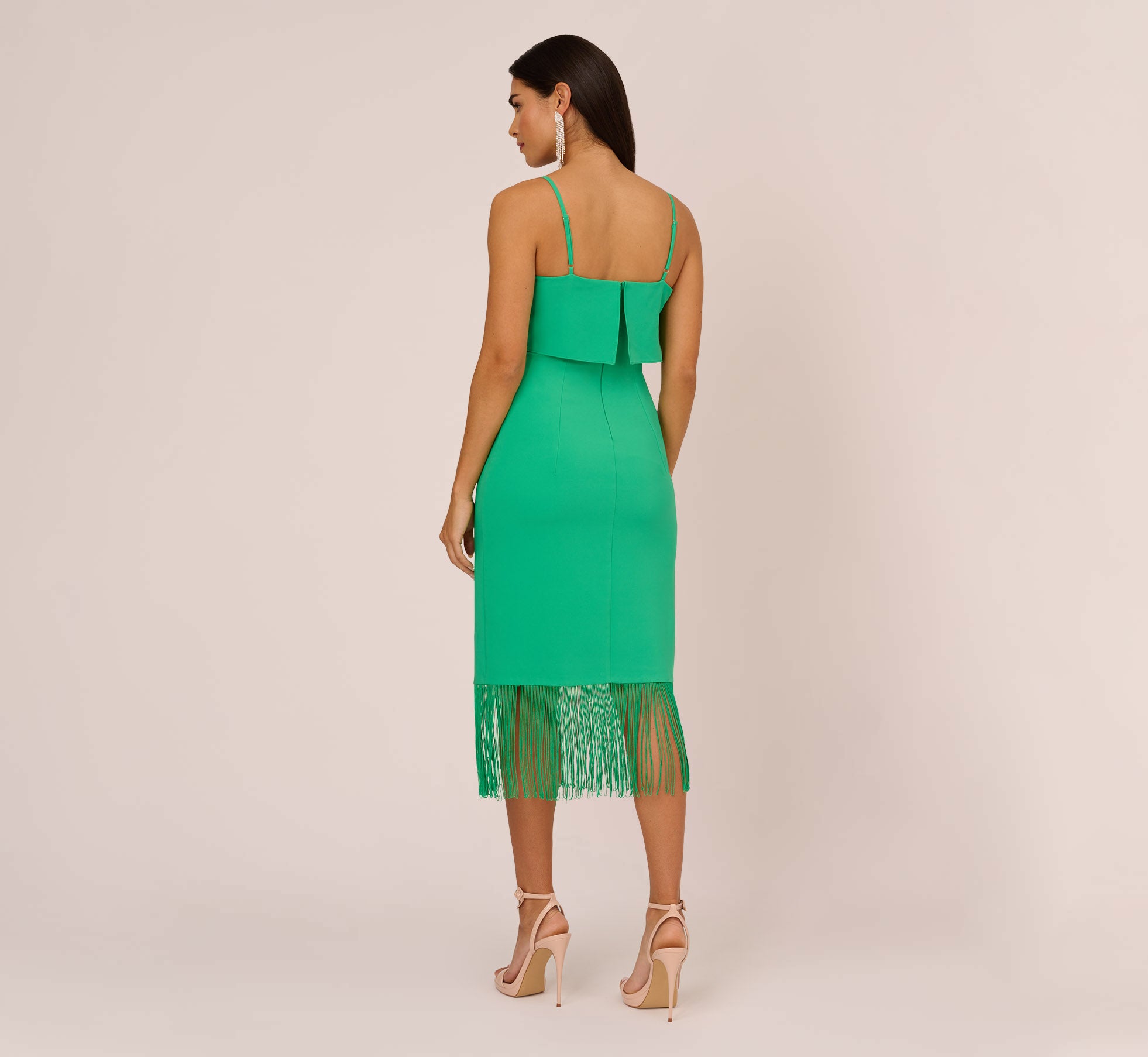 Stretch Crepe Popover Midi Dress With Fringe Hem In Summer Green、mySite、solidvoid