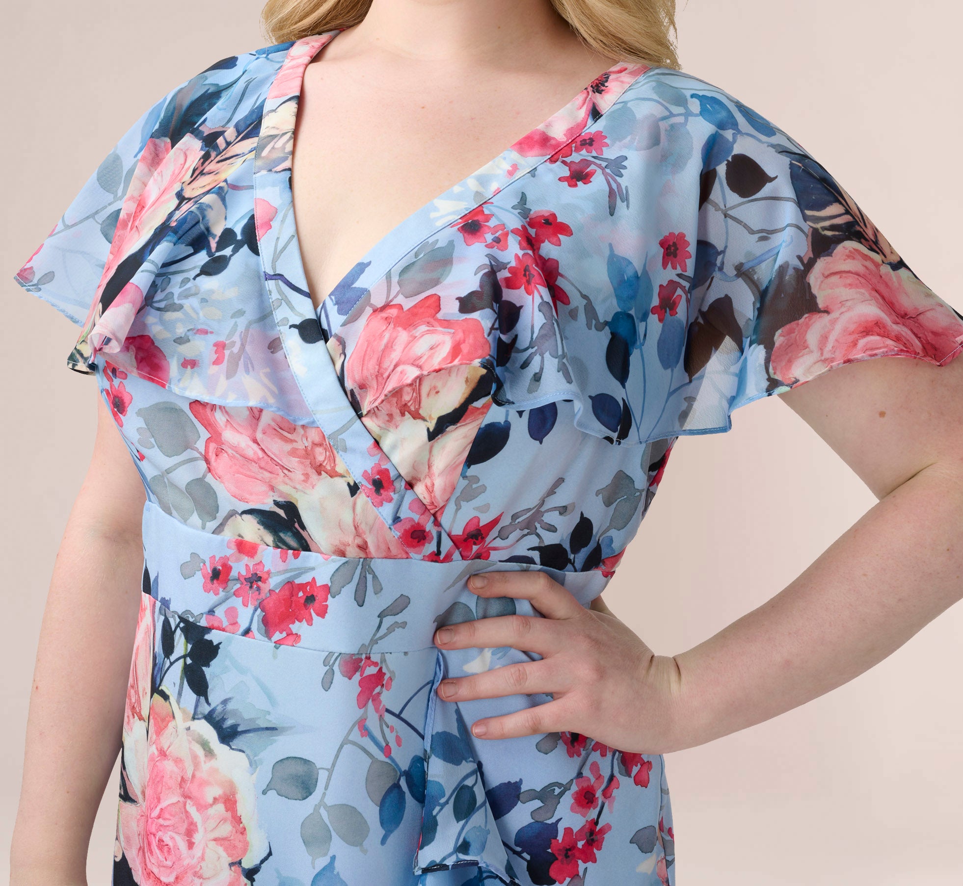 Plus Size Floral Faux Wrap Dress In Blue Multi、mySite、solidvoid