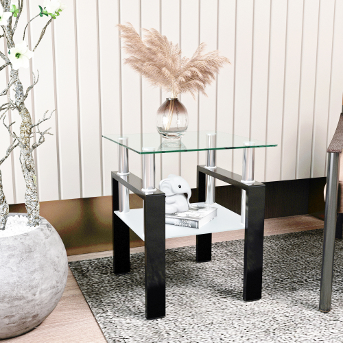 Set of 2, Modern Tempered Glass Tea Table Coffee Table End Table, Square Table for Living Room, Transparent/White、、casual