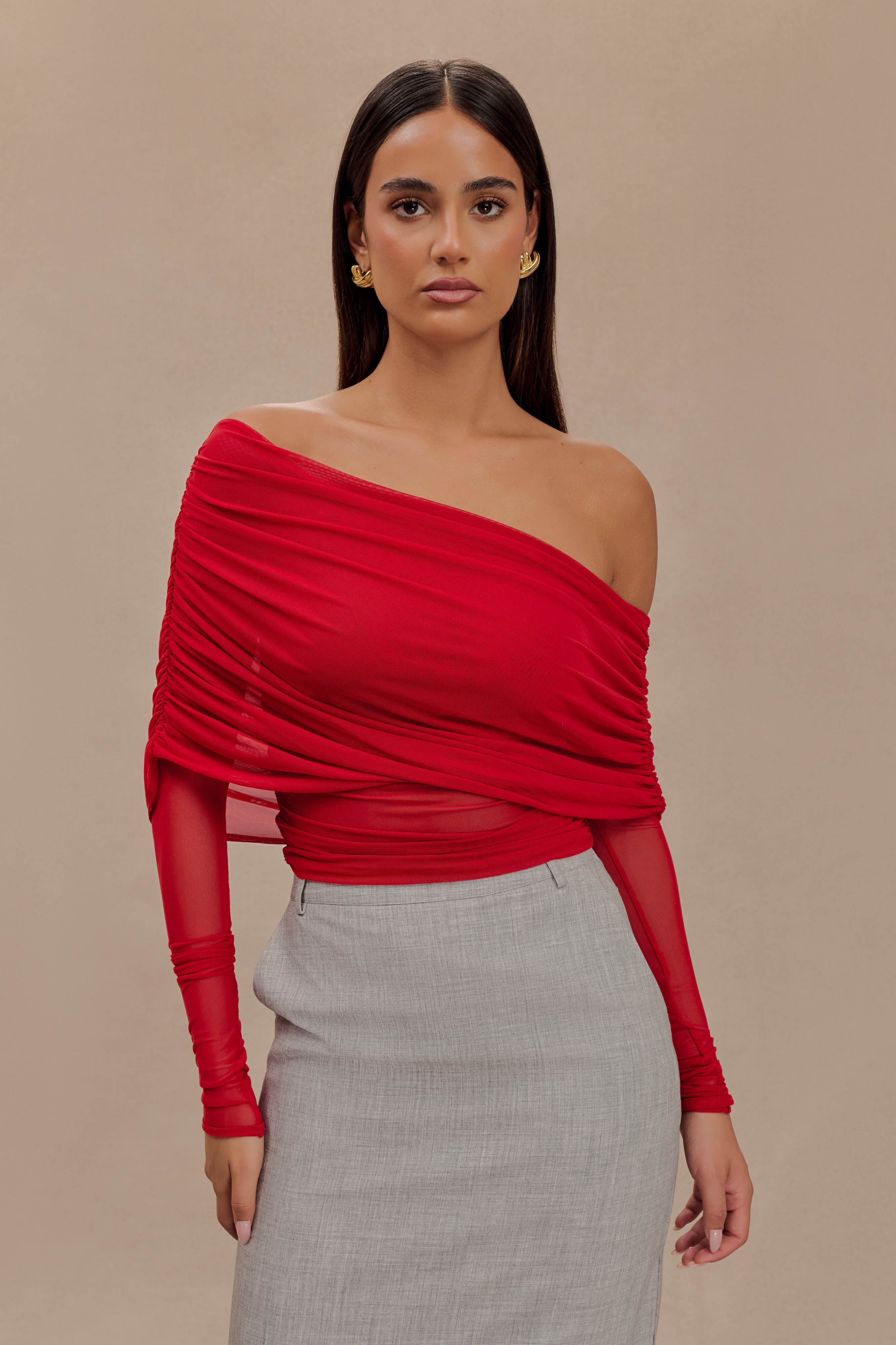 Everly Sheer Mesh Off Shoulder Top - Ruby、mySite、solidvoid