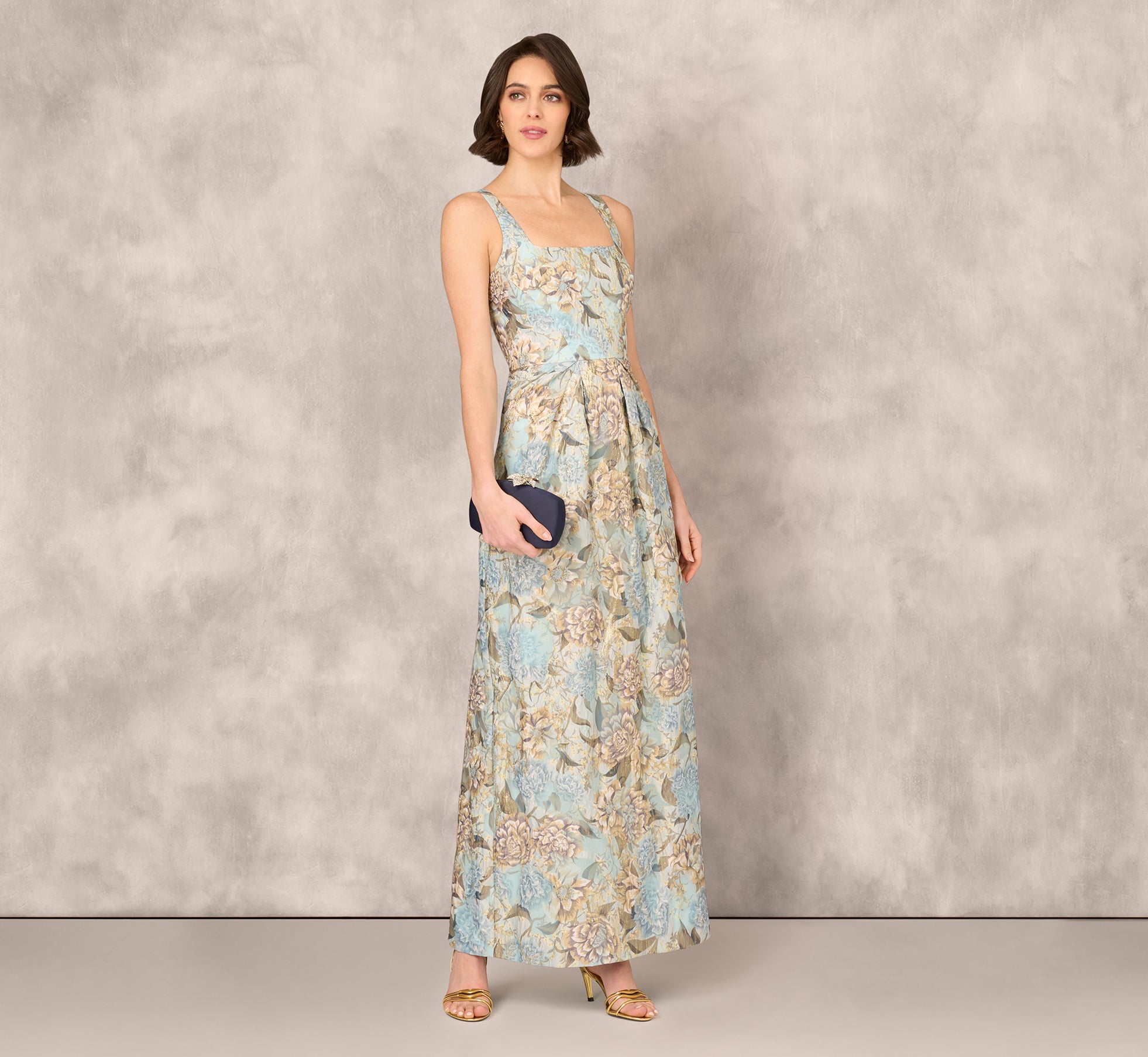Sleeveless Square Neck Floral Jacquard Column Gown In Blue Gold、mySite、solidvoid