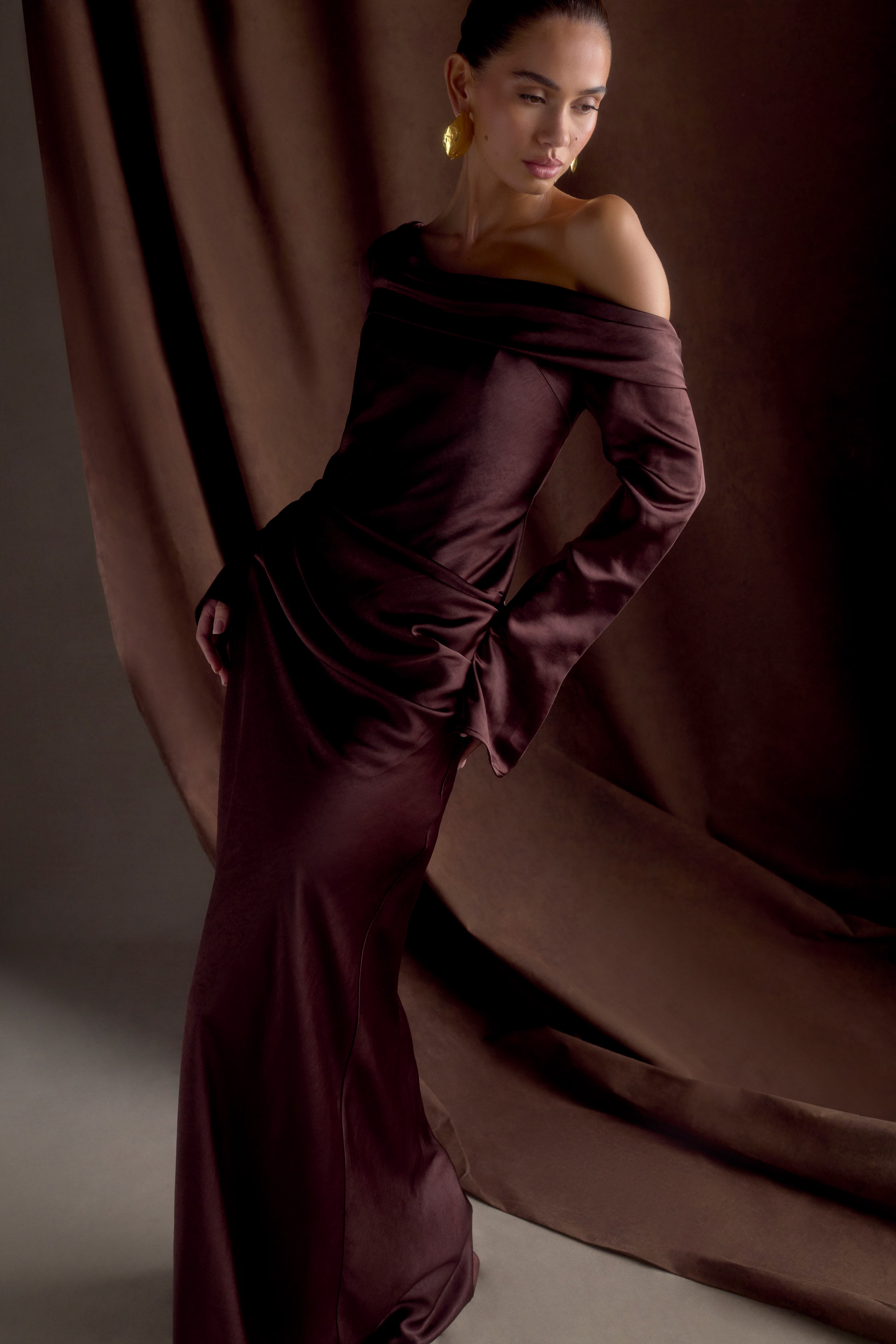 Iris Long Sleeve Satin Maxi Dress - Dark Chocolate、mySite、solidvoid