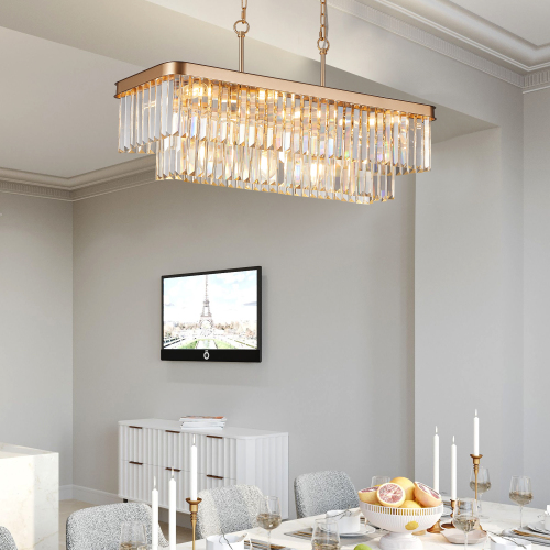 Chandeliers,Rectangular Crystal Chandelier Adjustable,E12 Modern Industrial Crystal Lights,Farmhouse Iron Ceiling Hanging Light for Kitchen Living Room Bedroom/Black(Bulb Not Included)、、eastwooduniform