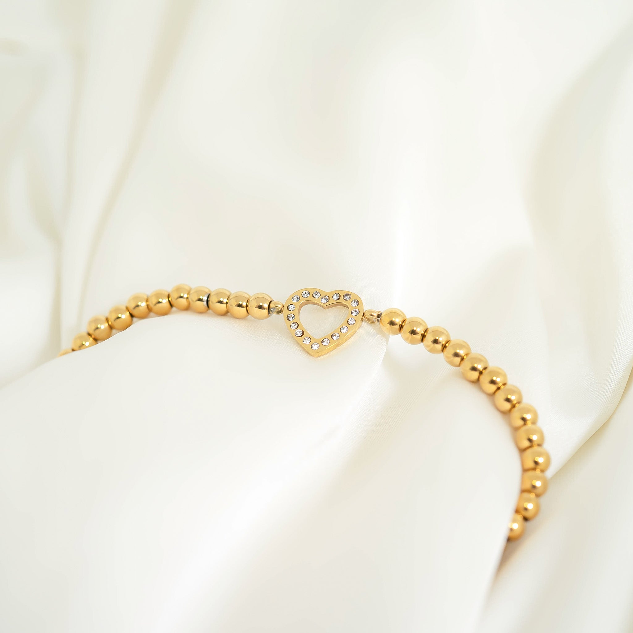 18K Gold PVD Stainless Steel Stone Heart Metal Beaded Stretch Bracelet / BRJ1016、mySite、dreamappss